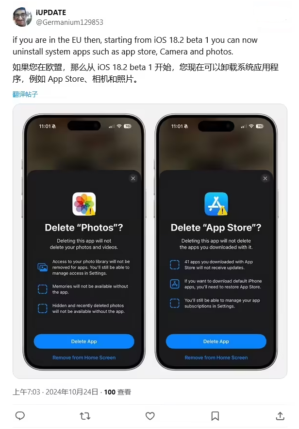 南桥镇苹果手机维修分享iOS 18.2 支持删除 App Store 应用商店 