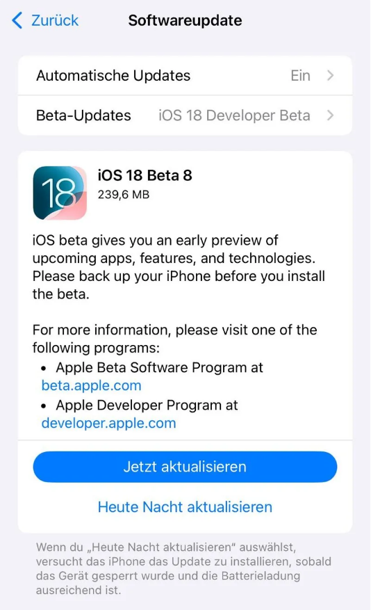 南桥镇苹果手机维修分享苹果 iOS / iPadOS 18 开发者预览版 Beta 8 发布 